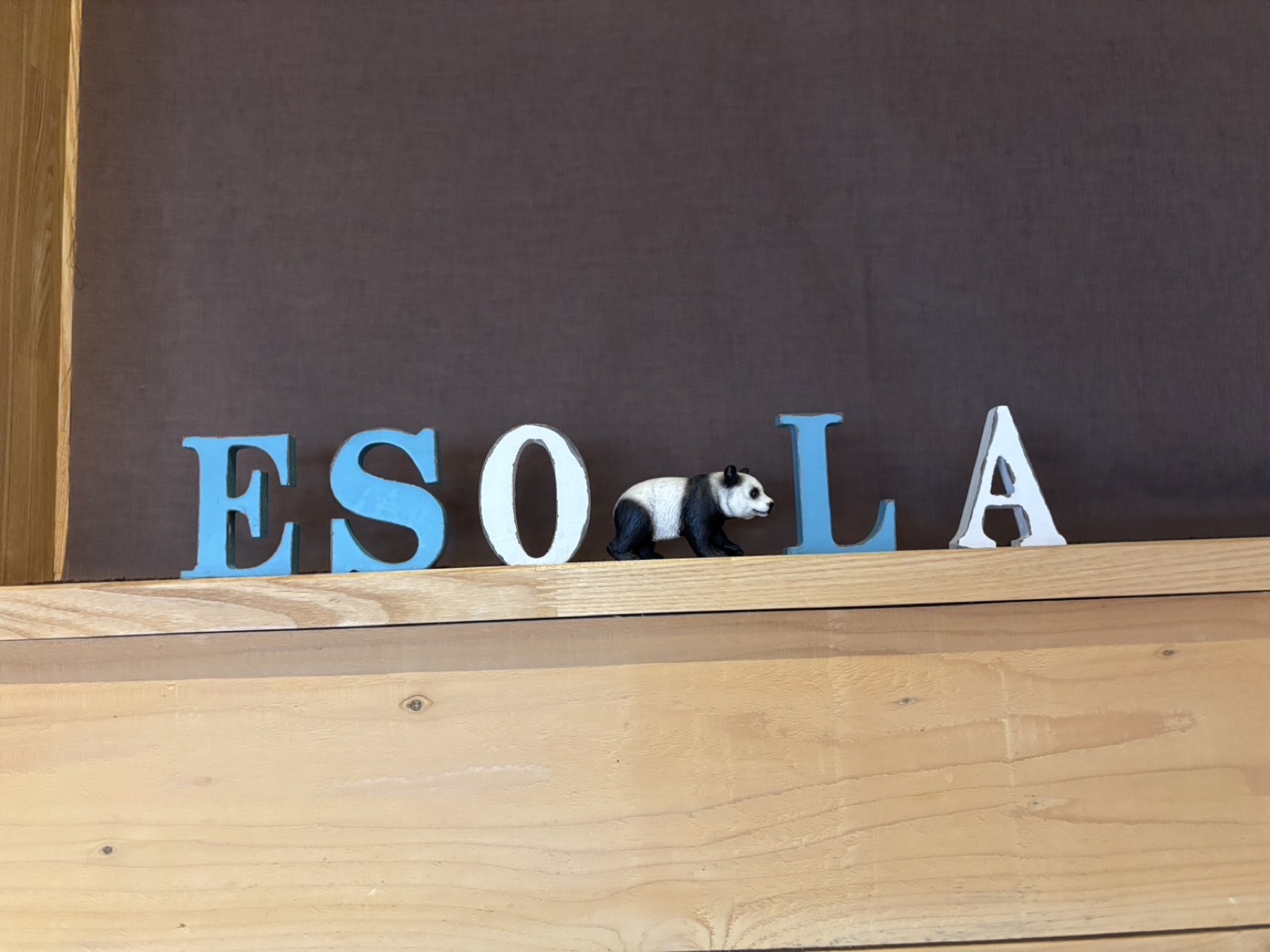 エソラの店内。ESOLAの切り文字とパンダの置物が棚に並ぶ